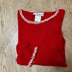 VTG N Touch Large Red Pearl like‎ Beaded Long Sleeve Crewneck Sweater Vintage